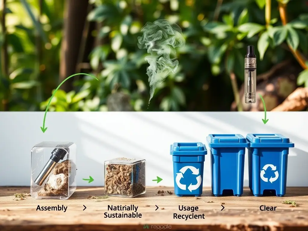 A visual representation of the lifecycle of an eco-friendly vape device, from sourcing sustainable materials to end-of-life disposal and recycling.