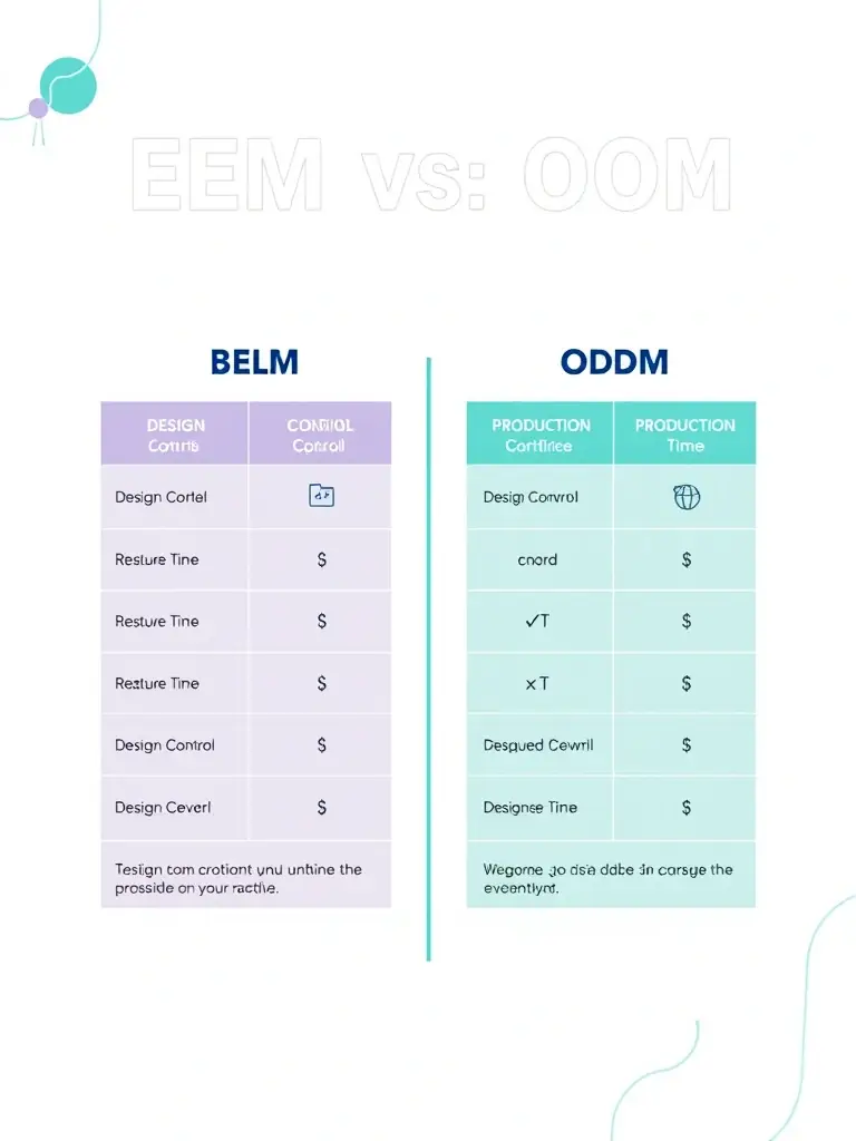 A table comparing key aspects of OEM and ODM, such as design control, cost, production time, and suitability for different business needs in the vape industry.
