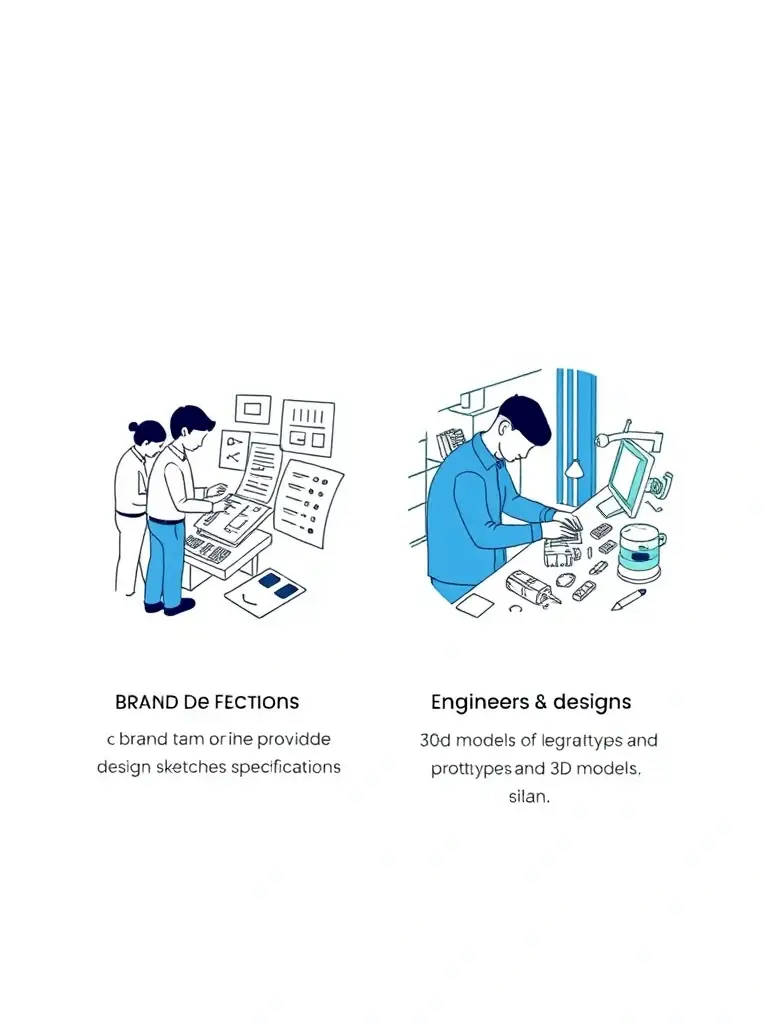 A side-by-side comparison graphic illustrating the design input differences between OEM (brand provides design) and ODM (manufacturer provides design).